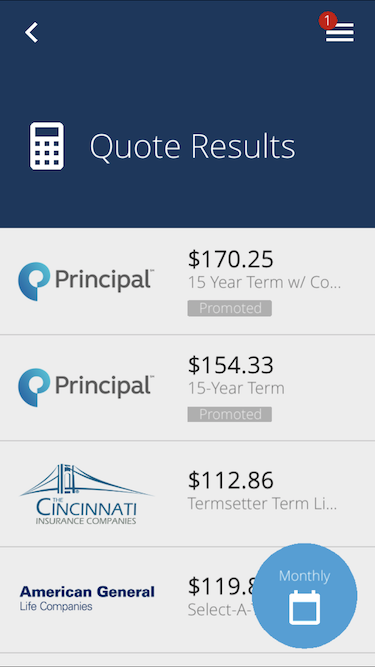 Mobile Quote Results - Promoted Carriers