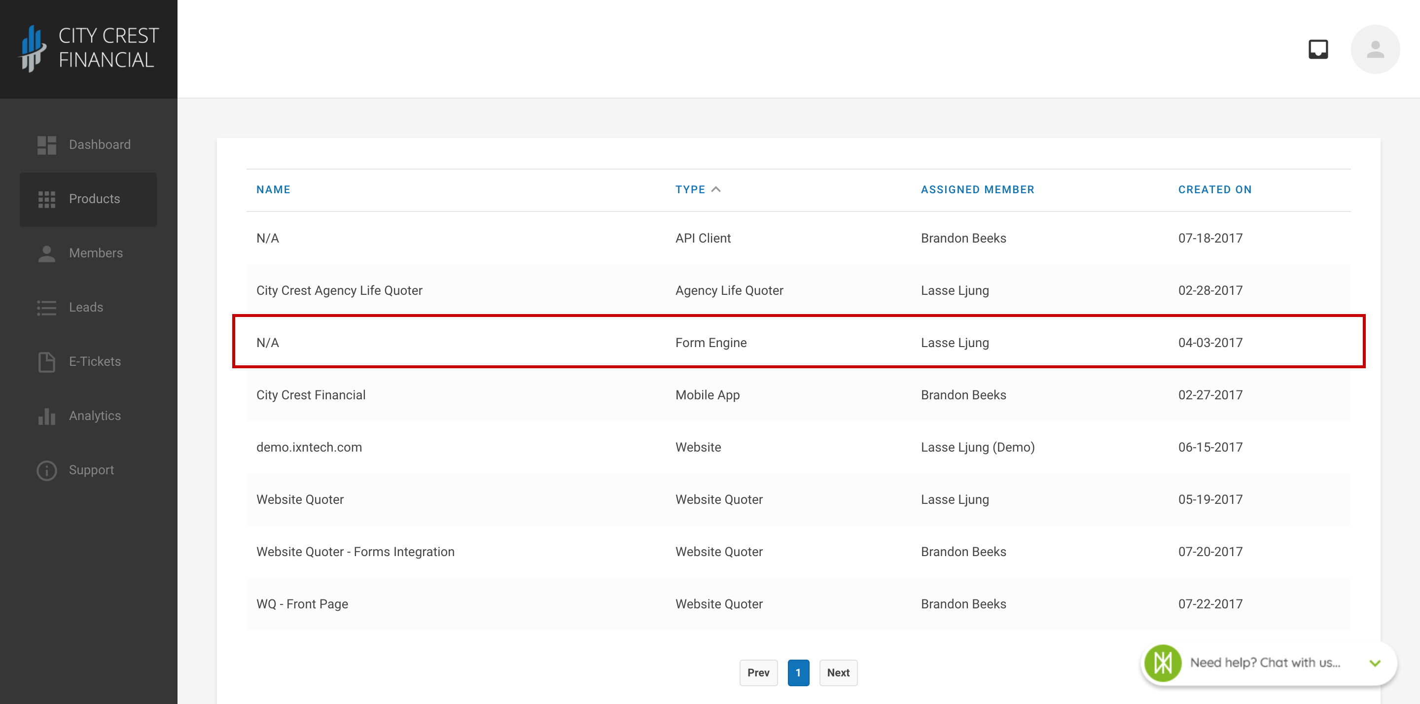 Product List - Forms Engine